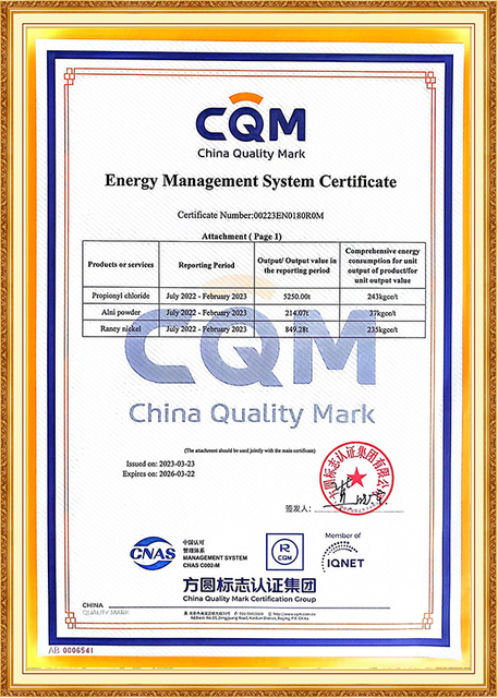 CQM Energy Management System Certificate awarded to Shandong Jiahong Chemical, affirming the company's commitment to sustainable energy practices in chemical production