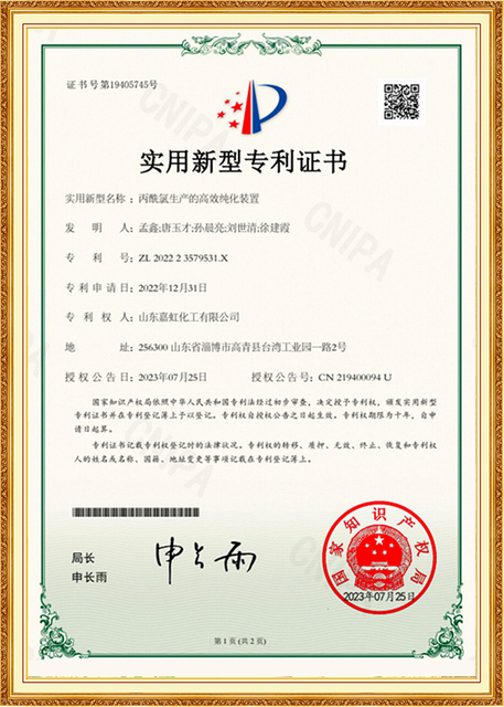 Utility Model Patent Certificate for an efficient purification device for Butyl Chloride production, awarded to Shandong Jiahong Chemical, highlighting innovation in chemical processing technology